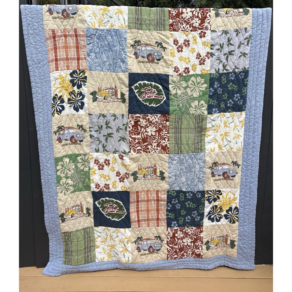 Y2k Hawaiian Surf Shack Patchwork Twin Quilt 64X80 Beach Aloha Coastal Hibiscus